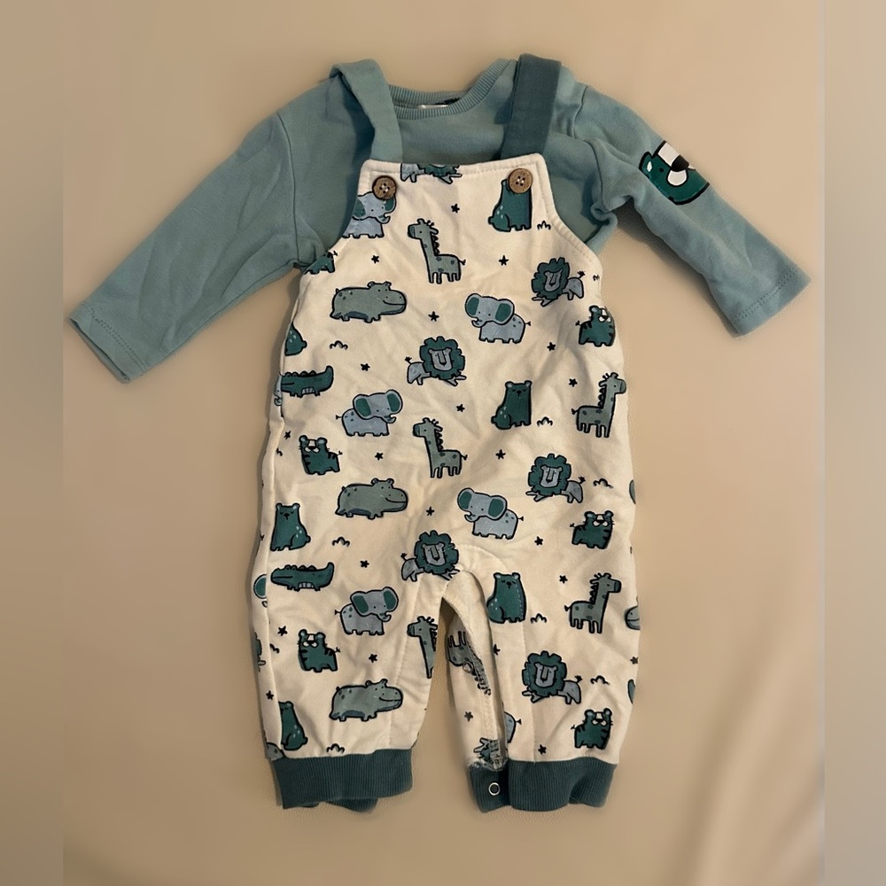 Teal Animal Print Overalls T shirt Set 2-4M
